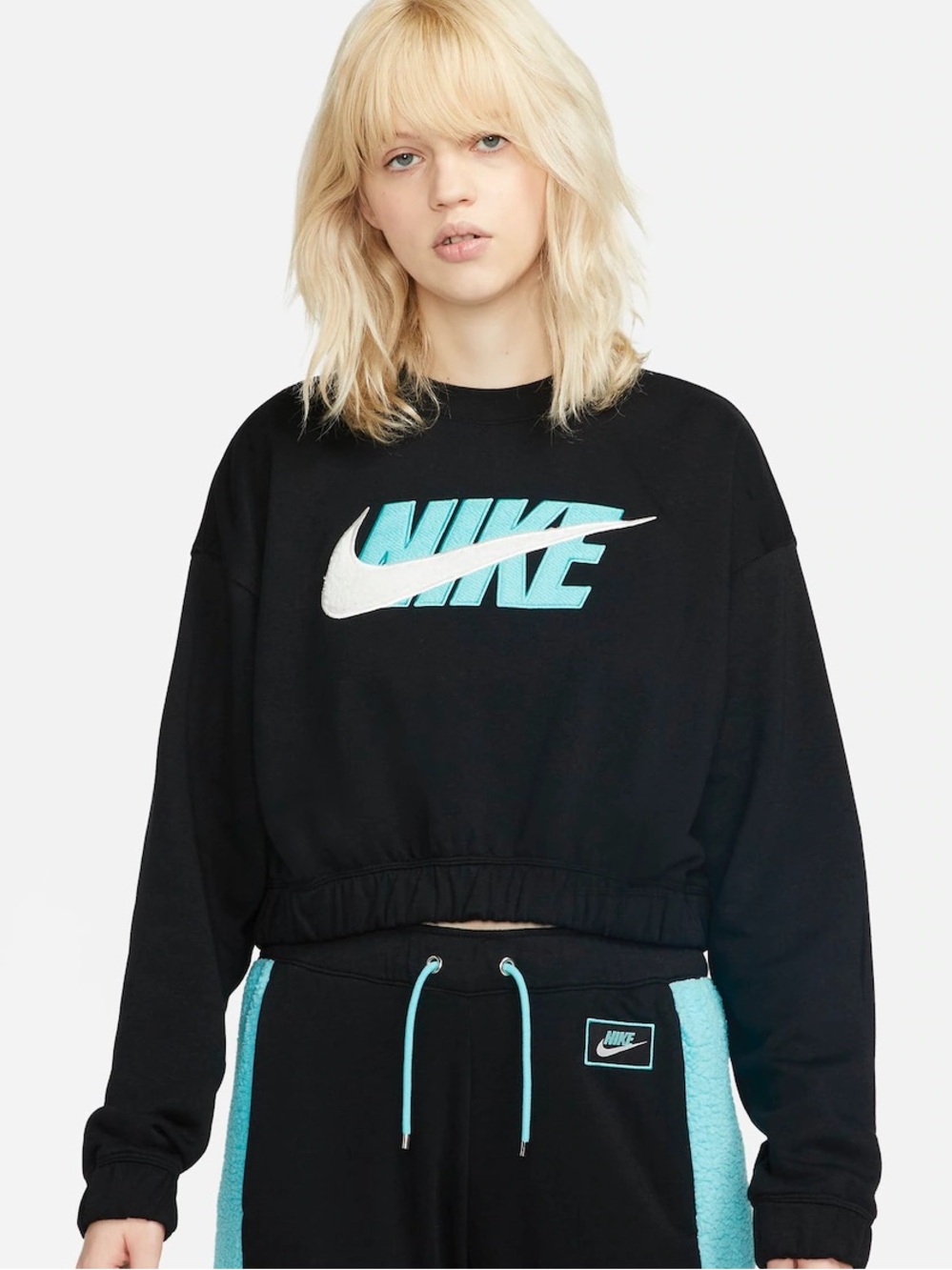 Nike Black Cropped Sweatshirt with Teal Logo and White Swoosh